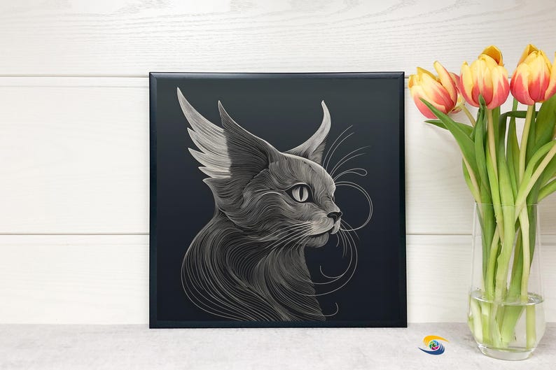Elegant Minimalist, Surreal Abstract Cat Art in a blackframe with brightly colored flowers to the right