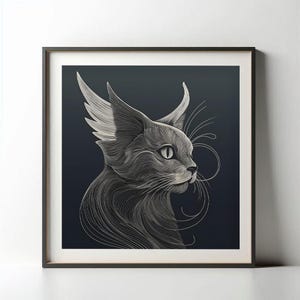 Elegant Minimalist, Surreal Abstract Cat Art, Fine Line Modern, White on Black Digital Etching, mounted in a black frame on a light gray wall.