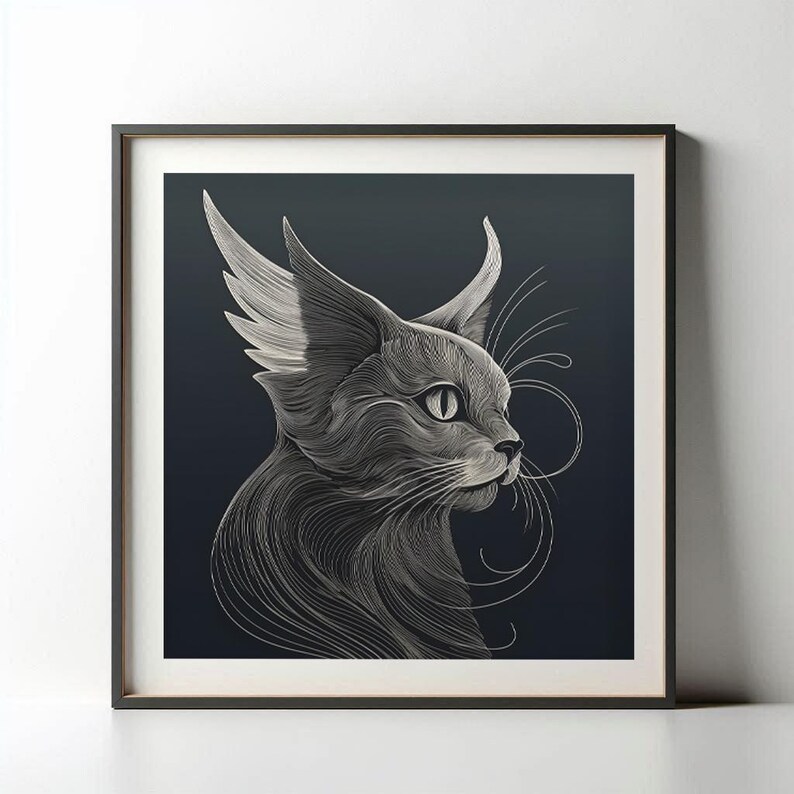 Elegant Minimalist, Surreal Abstract Cat Art, Fine Line Modern, White on Black Digital Etching, mounted in a black frame on a light gray wall.