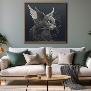 A living room with a copy of Surreal Abstract Cat Art art mounted on the rear wall. Two large indoor pot plants are on either side