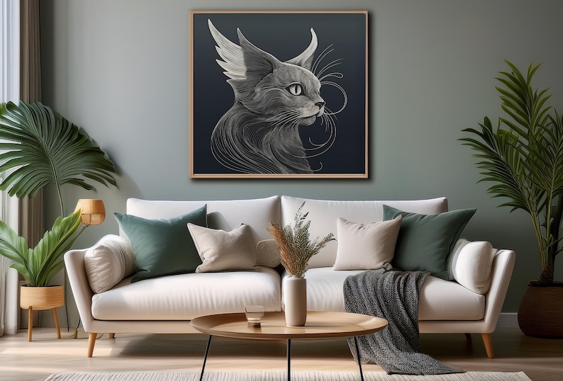 A living room with a copy of Surreal Abstract Cat Art art mounted on the rear wall. Two large indoor pot plants are on either side