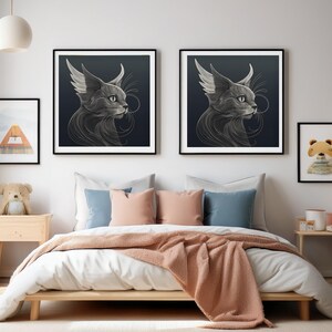 A modern bedroom with a copy of Elegant Minimalist, Surreal Abstract Cat Art in two frames above the bed head.