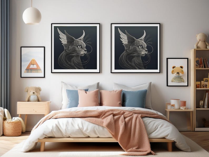 A modern bedroom with a copy of Elegant Minimalist, Surreal Abstract Cat Art in two frames above the bed head.