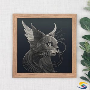 May include: A framed art print featuring a stylized illustration of a cat's profile. The artwork is rendered in shades of gray and white, with intricate line work creating the cat's fur and features against a dark background. The frame is made of light-colored wood.