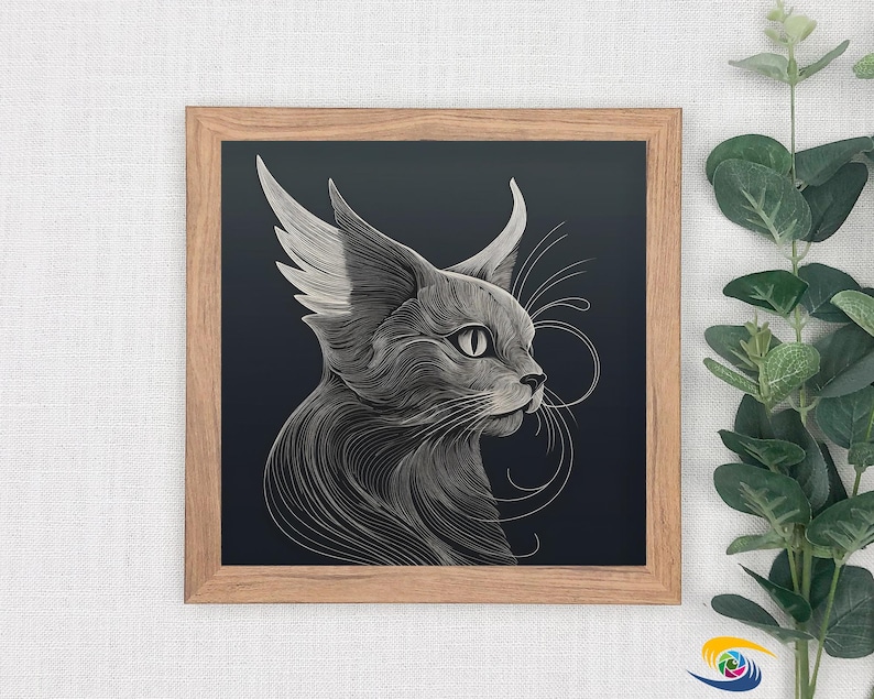 May include: A framed art print featuring a stylized illustration of a cat's profile. The artwork is rendered in shades of gray and white, with intricate line work creating the cat's fur and features against a dark background. The frame is made of light-colored wood.