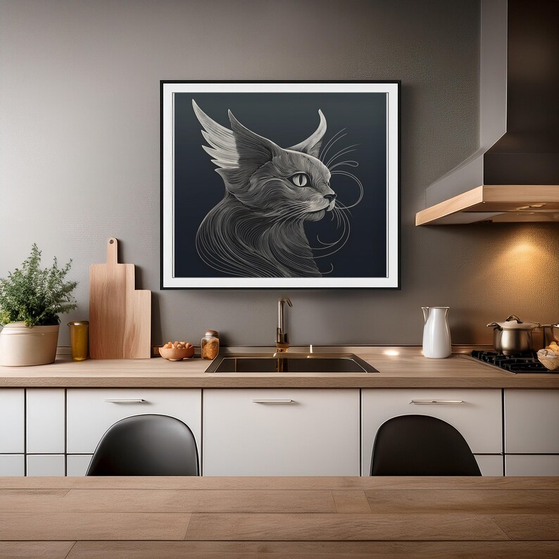 a kitchen with a framed copy of Elegant Minimalist, Surreal Abstract Cat Art above the sink.