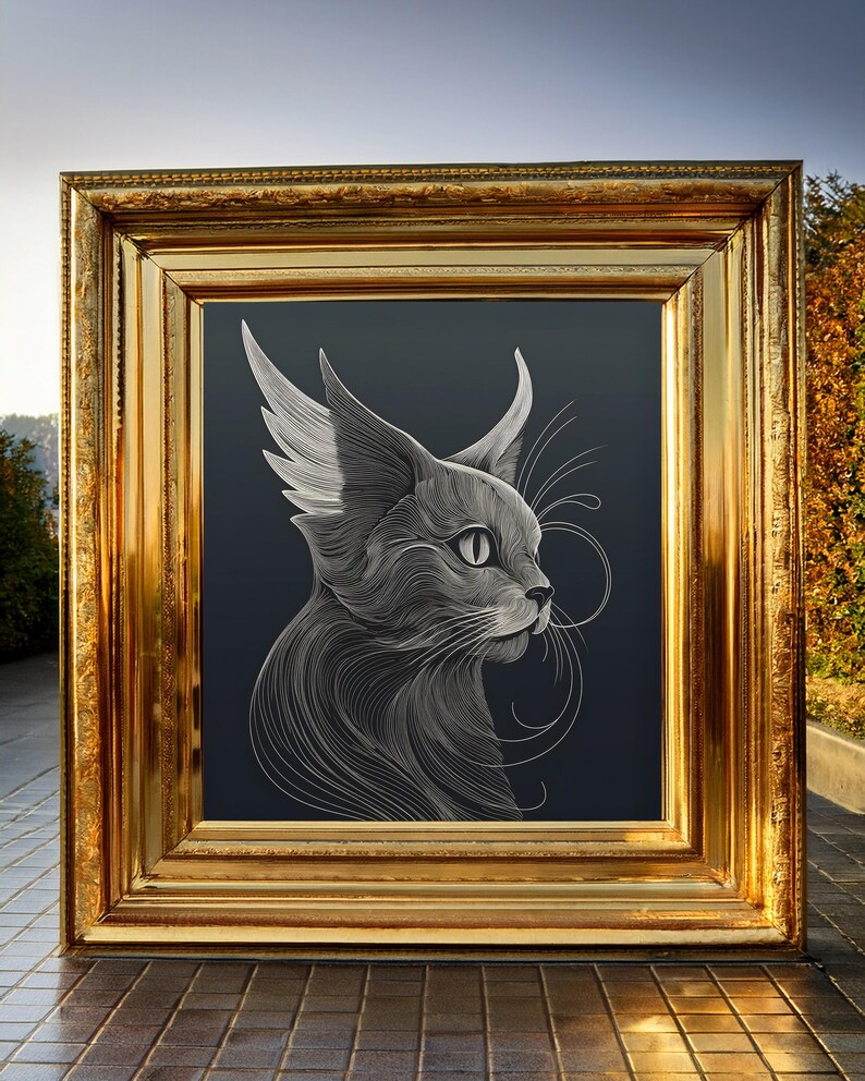 A large golden frame in a garden with a copy of Elegant Minimalist, Surreal Abstract Cat Art in the frame.