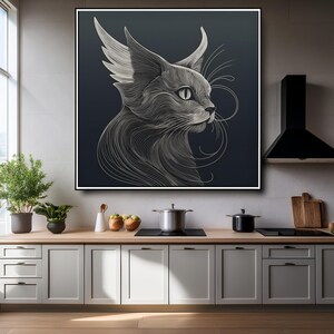a kitchen base units view. a window to the left casts light over the large framed copy of Elegant Minimalist, Surreal Abstract Cat Art print on the rear wall.