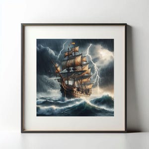 Spanische Galleone, die einen heftigen Sturm über dem Atlantik-Druck kämpft. Geschichtsliebhaber, Sailors, druckbare Kunst. Quadrat Ratio JPG.