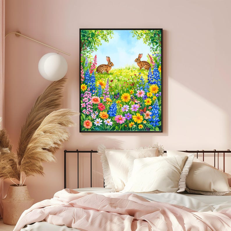 Rabbit Meadow Nursery Print: Whimsical Kids Bedroom Decor