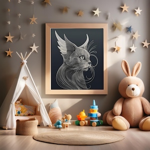 A copy of Elegant Minimalist, Surreal Abstract Cat Art in a wooden frame on the rear wall. soft toys on the floor and stars on the wall surrounding the picture frame