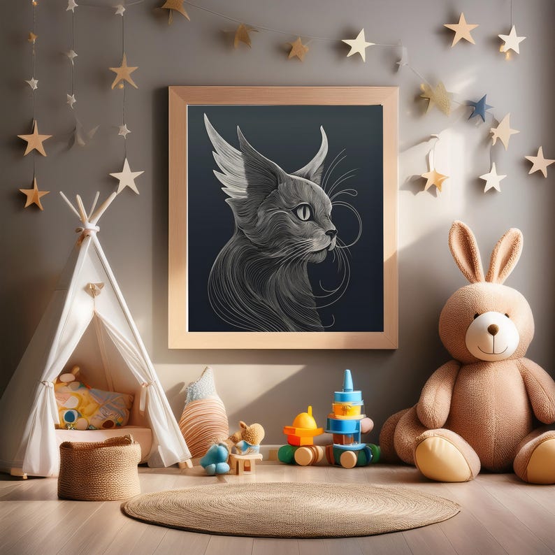 A copy of Elegant Minimalist, Surreal Abstract Cat Art in a wooden frame on the rear wall. soft toys on the floor and stars on the wall surrounding the picture frame