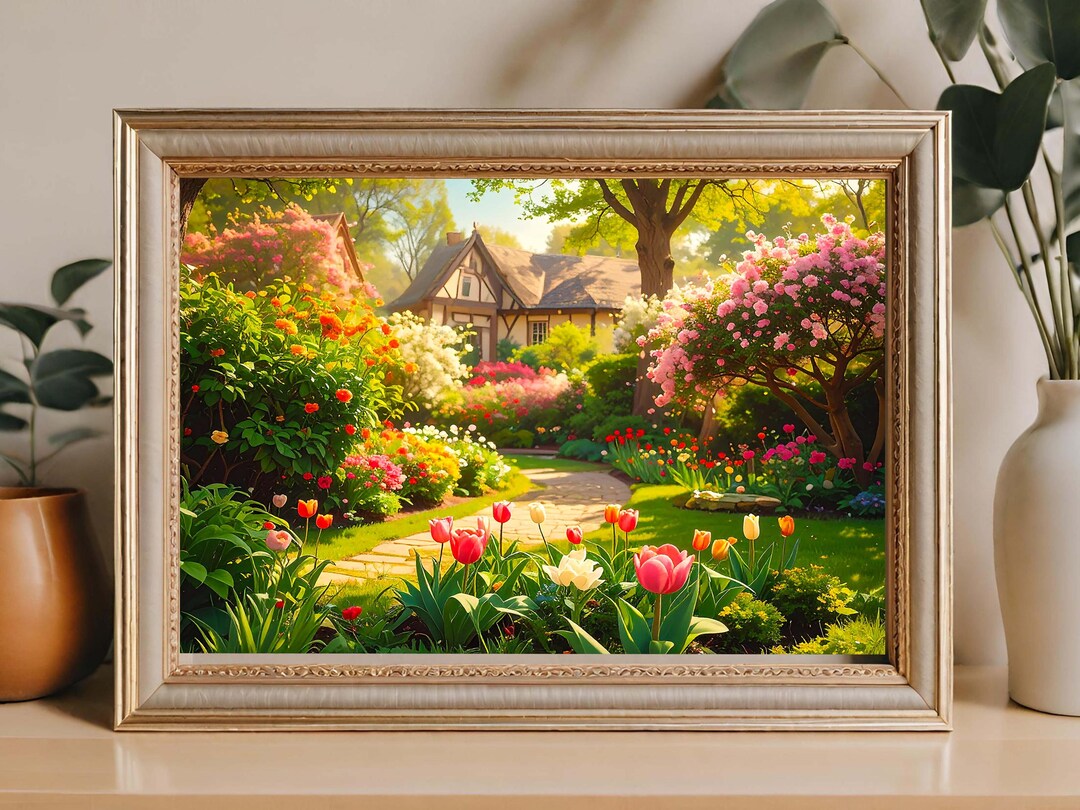 Vintage Tulip Garden Painting: Bright Floral Wall Art (digital Download ...