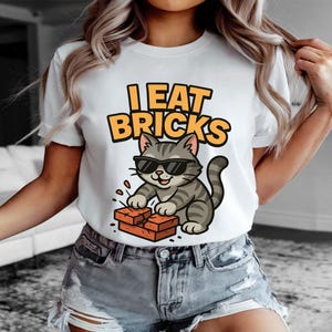 I Eat Bricks Shirt – Funny Cursed Cat Meme Tee – Sarcastic Gift for Cat Lovers – Weird Cat T-Shirt – Ironic Pet Humor Tee