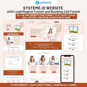 Puede incluir: Gráfico de marketing digital con el logotipo de Systeme.io y el texto "SYSTEME.IO WEBSITE with Lead Magnet Funnel and Booking Call Funnel". La imagen muestra maquetas de sitios web y un teléfono inteligente que muestra un sitio web.