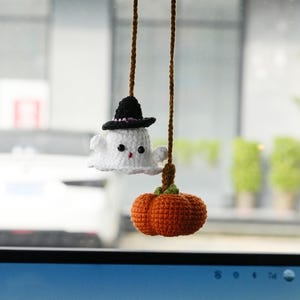 Handmade Crochet Ghost Car Charm, Cute Crochet Car Hanging Accessories, Ghost Ornament, Halloween Car Accessory, Halloween Gift