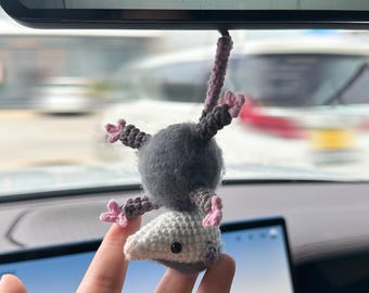 Crochet Opossum Car Charm, Rearview Mirror Hanging, Handmade Christmas Gift