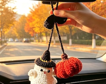 Cute Crochet Ghost & Pumpkin Car Hanging, Halloween Car Decor