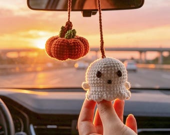 Crochet Ghost & Pumpkin Car Charm, Halloween Rearview Mirror Decor