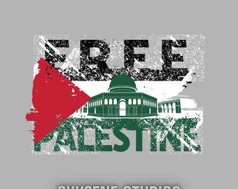 May include: A graphic design featuring the text "FREE PALESTINE" in black and green, with a distressed effect. The design incorporates the Palestinian flag and a green illustration of a building. The words "OXYGENE STUDIOS" are at the bottom.