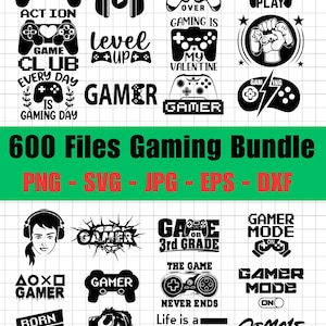 May include: A collection of black and white gaming-themed graphics. The designs include game controllers, headphones, and text such as "Gamer," "Level Up," and "Game Over." The image also includes the text "600 Files Gaming Bundle" with file type extensions.
