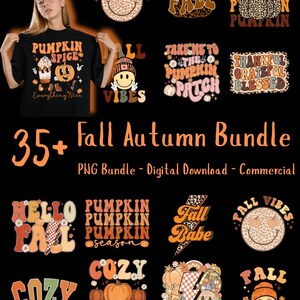 Puede incluir: Un conjunto de diseños digitales con temática otoñal, con textos como "Pumpkin Spice" y "Cozy Season". Los diseños presentan calabazas, caras sonrientes y fuentes retro, perfectos para proyectos de temporada. La imagen también muestra a una mujer con una camiseta negra con un diseño de pumpkin spice.