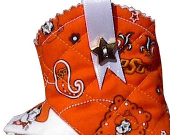 OSU Oklahoma State Baby Boots, handmade quilted Cowboy boy girl infant shoes
