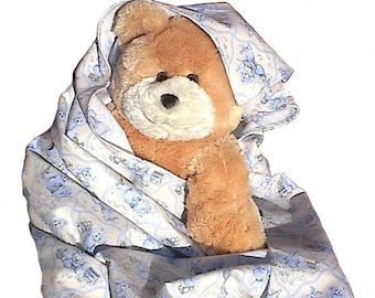 Bear Blue Flannel Baby Blanket, handmade blanky boy girl toddler