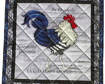 French Rooster Hot Pad, handmade quilted chicken blue potholder kitchen placemat a