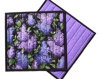 Purple Lilacs Hot Pad, handmade quilted floral potholder kitchen placemat 12" x 12"