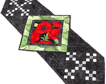 Red Poppy table runner, handmade floral quilted, 21.5 x 51.5