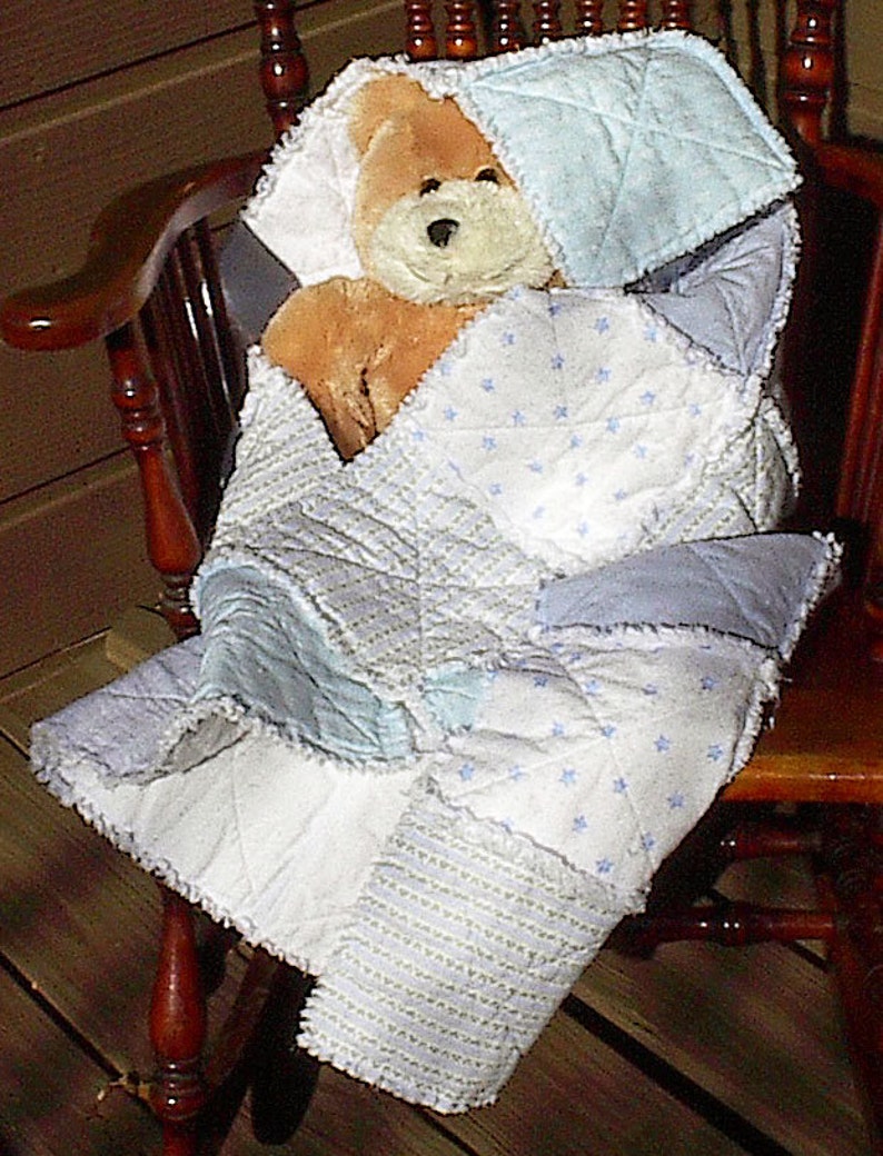 Boy Blue Rag Quilt, handmade infant baby flannel crib blanket, 34 x 42 image 5