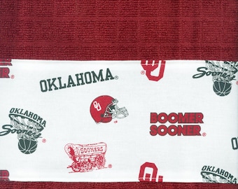 OU Sooners Crimson Hand Towel with cream stripes, Oklahoma University kitchen dish handmade,  17 x 29