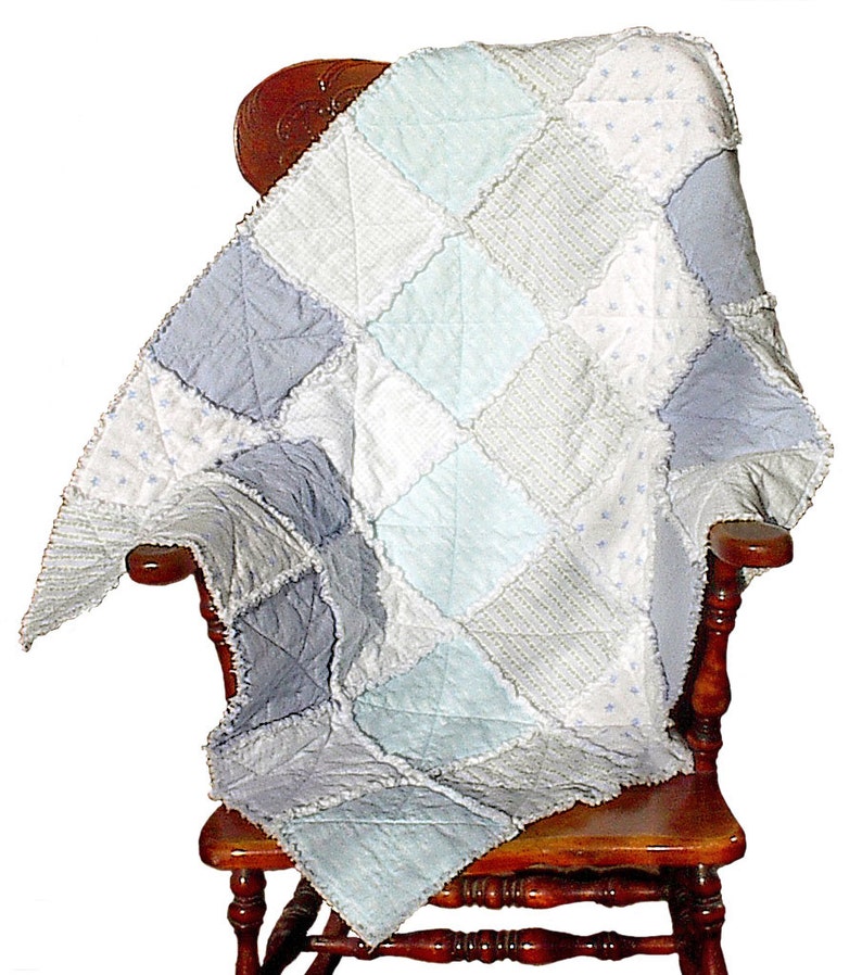 Boy Blue Rag Quilt, handmade infant baby flannel crib blanket, 34 x 42 image 1
