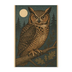 Tarjeta de felicitación de búho vintage / Arte de bosque iluminado por la luna / Papelería de pájaro nocturno / Interior en blanco