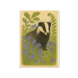 Tarjeta de felicitación vintage de primavera con diseño de tejón / Arte de bosque con campanillas azules / Papelería de vida silvestre / Interior en blanco