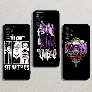 May include: Three black phone cases with colorful illustrations of Disney villains. One case says "You Can't Sit With Us" and features three villains. Another case has a group of villains with the word "Villains". The third case says "No Evil".