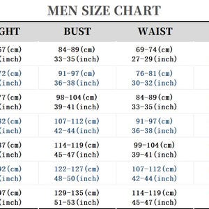May include: A size chart for men's clothing, displaying measurements for height, bust, waist, and hip in both centimeters and inches. Sizes range from XS to 3XL, with corresponding measurements for each size.
