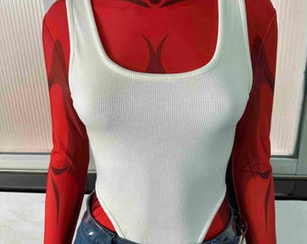 Demon Girl Malevola Gibb Cosplay Costume Red Succubus Bodysuit Outfit Women's Halloween Suit with Horns and Tail Custom Comic Con Apparel