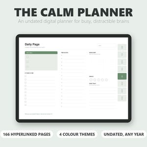 Könnte beinhalten: Ein digitaler Planer mit dem Titel THE CALM PLANNER, ein undatierter digitaler Planer für beschäftigte, ablenkbare Gehirne. Die Benutzeroberfläche zeigt eine Tagesseite mit Abschnitten für Ziele, Zeitblöcke, Notizen, Energielevel und Aufgaben.