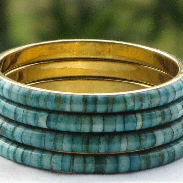 Turquoise Hand Dyed Bone Inlay Brass Bangles Bracelets (Set of 4)