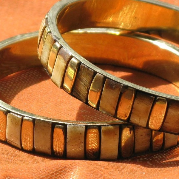 SALE - Beige Antique Brass Bracelet With Inlaid shells(Set of 2)