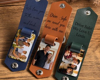 Personalized Mens Leather Keychain with Photo,Engraved key chain, Gift for Dad,Wedding Photo Keychain,Anniversary Gift, Father's Day Gift