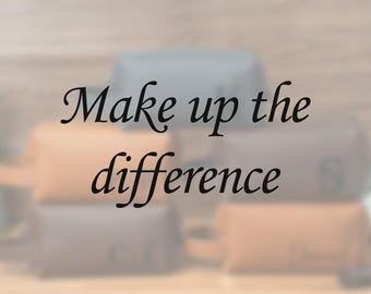 Op de afbeelding: Vage afbeelding van cosmetische tassen in grijstinten en beige. De tassen zijn rechthoekig en hebben een handvat. De tekst "Make up the difference" staat in een decoratief lettertype over de afbeelding.