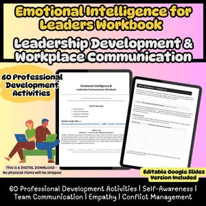 May include: Digital workbook for leadership development and workplace communication. The image shows two tablets displaying the workbook's content, including activities on self-awareness, team communication, and empathy. The title reads "Emotional Intelligence for Leaders Workbook."