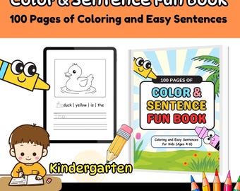 May include: A children's activity book titled "Color & Sentence Fun Book" with 100 pages of colouring and easy sentences. The cover features colourful illustrations and text, including "Color & Sentence Fun Book" and "Coloring and Easy Sentences for Kids (Ages 4-6)".