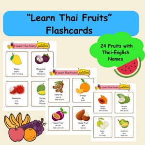 Pode incluir: Flashcards educativos "Aprenda frutas tailandesas" com 24 frutas e seus nomes em tailandês-inglês. Os cartões apresentam ilustrações de manga, mangostão, rambutão, durião, tamarindo, laranja, mamão, coco, maracujá, fruta-cobra, goiaba e jaca.