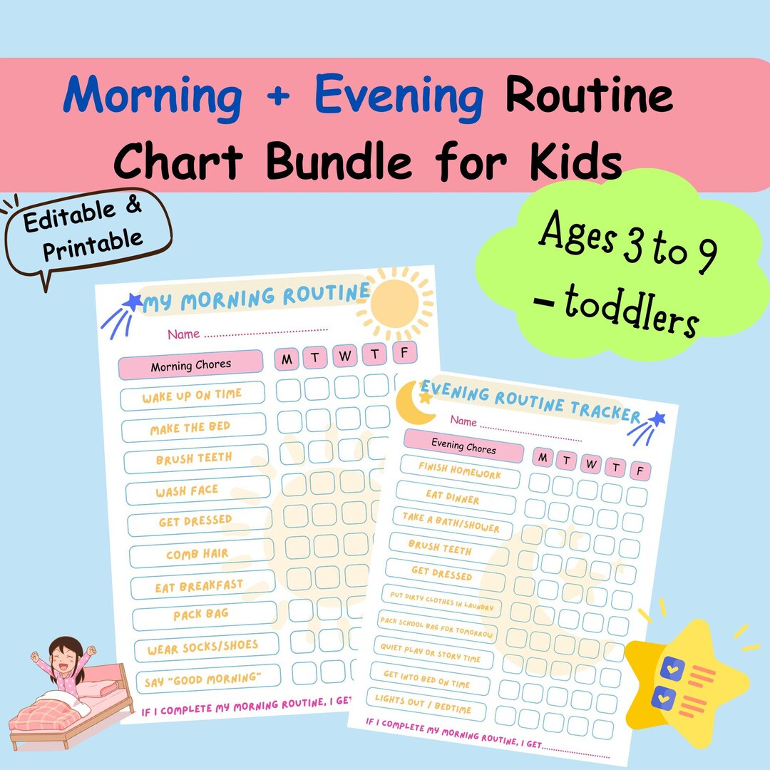 Morning + Evening Routine Chart Bundle for Kids – Printable & Editable ...