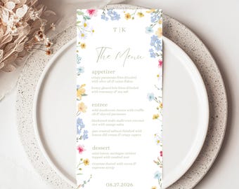 Könnte beinhalten: Eine Menükarte mit floralem Thema mit dem Text "The Menu" und einer Liste von Gerichten. Die Karte ist mit Aquarellblumen in Blau-, Gelb- und Rosatönen verziert. Das Datum "08.27.2026" steht unten.