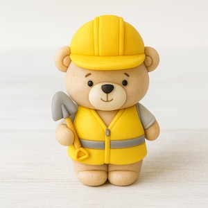 May include: A charming teddy bear figurine dressed as a construction worker. The bear wears a yellow hard hat, a yellow safety vest with a reflective stripe, and holds a gray shovel. The bear has a light brown body and is standing upright.